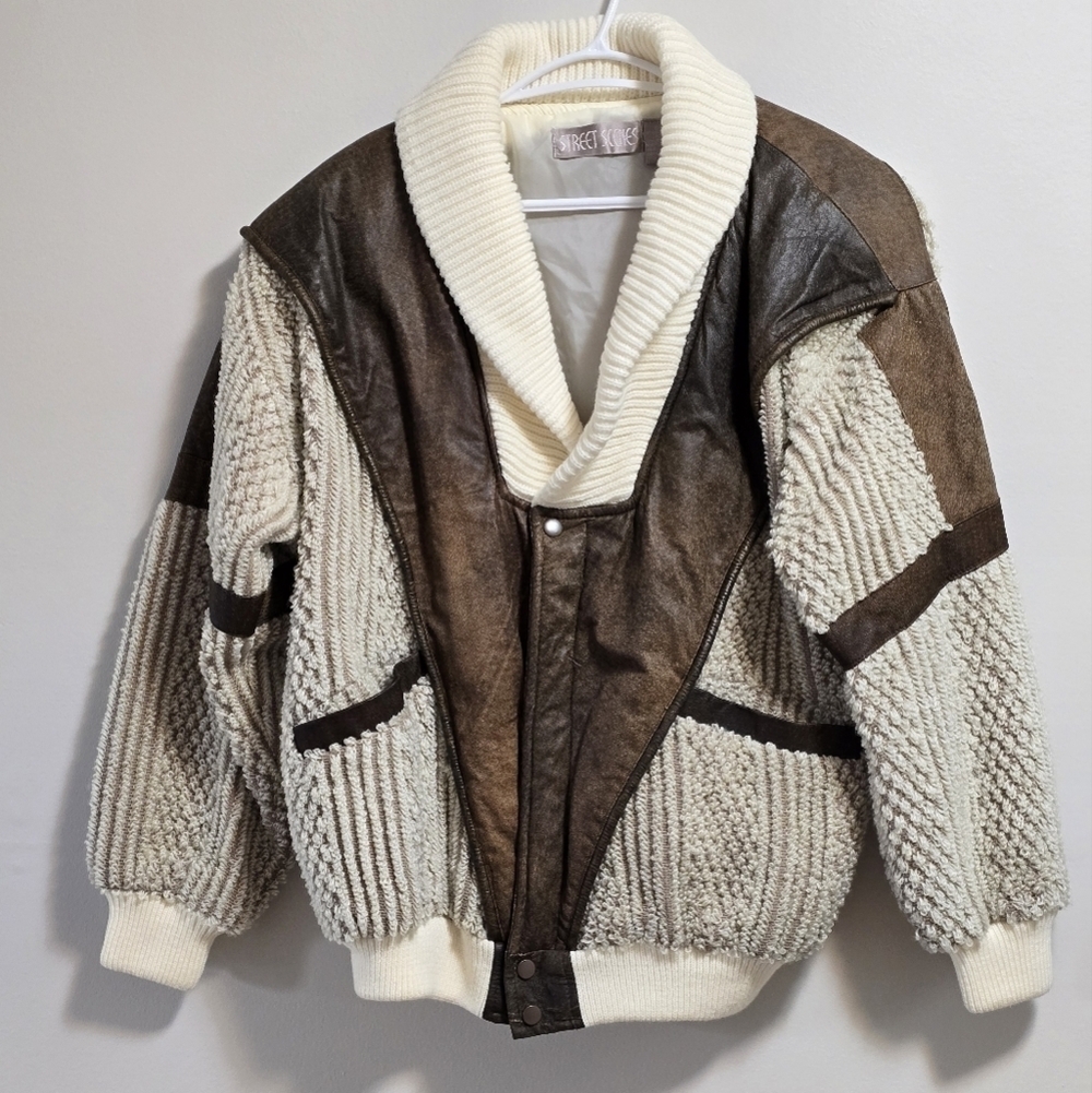 Vintage street scenes chunky knit faux leather oversized jacket size small